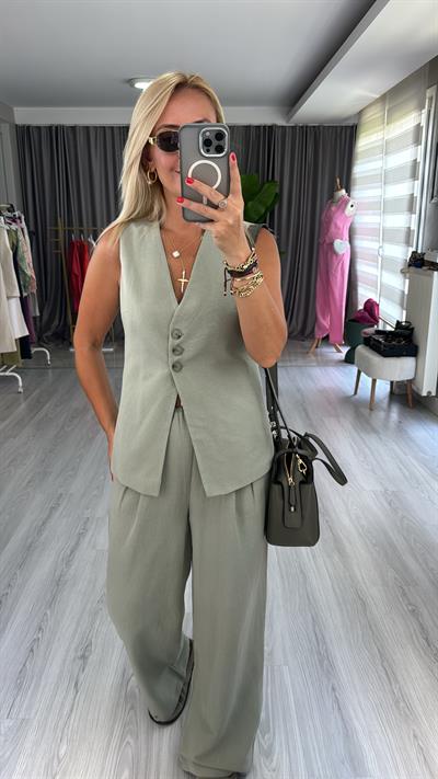 ÜÇ DÜĞMELİ, ASTARLI HAKİ KETEN YELEK