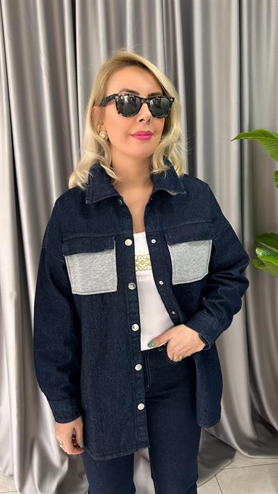 ÜÇ İPLİK GARNİLİ LACİVERT KOT CEKET