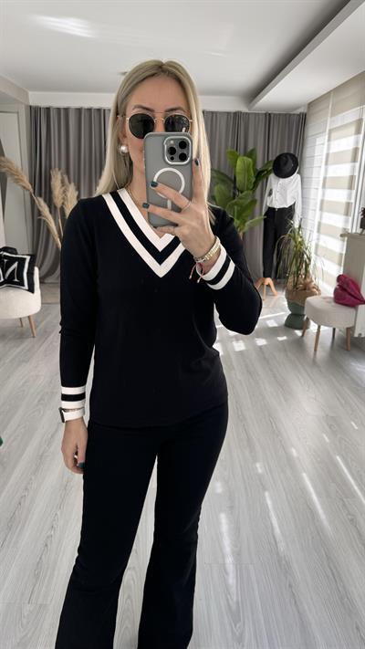 UZUN KOL, BEYAZ ŞERİTLİ, V YAKA SİYAH MERSERİZE TRİKO