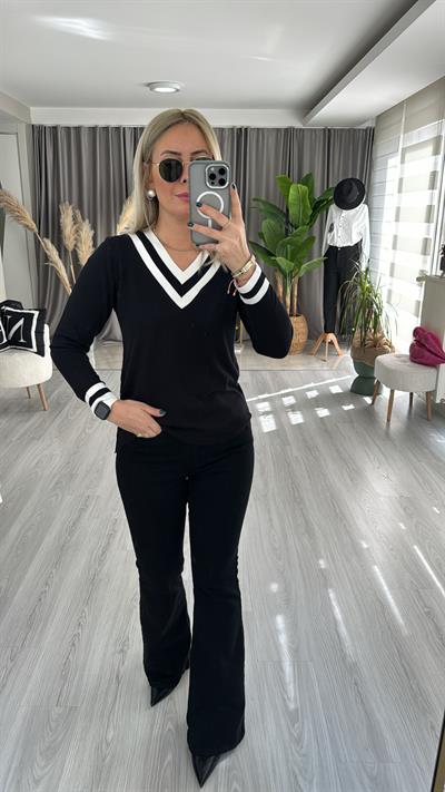 UZUN KOL, BEYAZ ŞERİTLİ, V YAKA SİYAH MERSERİZE TRİKO