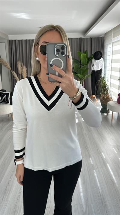 UZUN KOL, SİYAH ŞERİTLİ, V YAKA BEYAZ MERSERİZE TRİKO