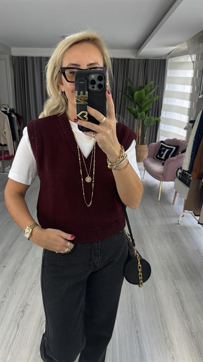 V Yaka Bordo Kolsuz Süveter