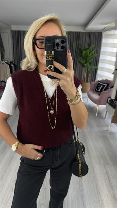 V Yaka Bordo Kolsuz Süveter