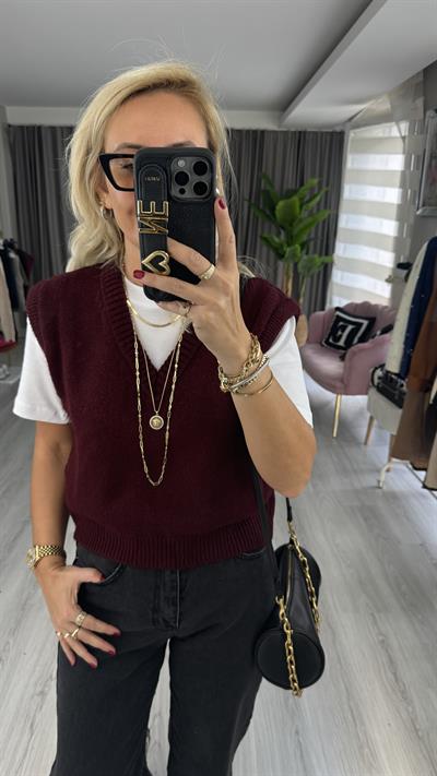 V Yaka Bordo Kolsuz Süveter