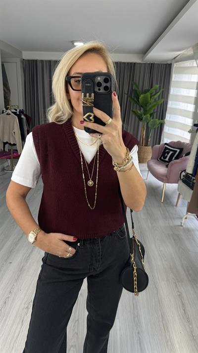 V Yaka Bordo Kolsuz Süveter