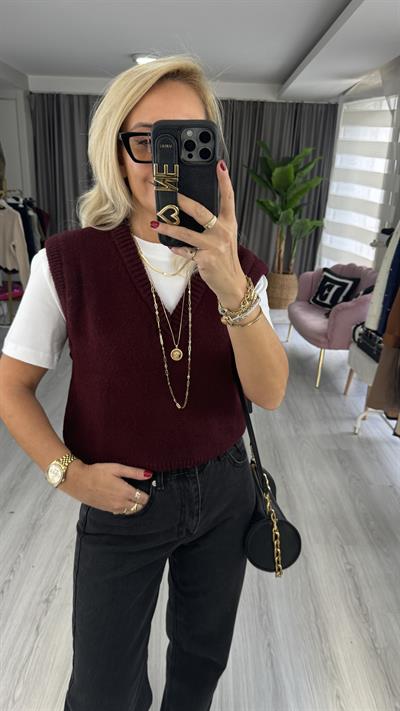 V Yaka Bordo Kolsuz Süveter