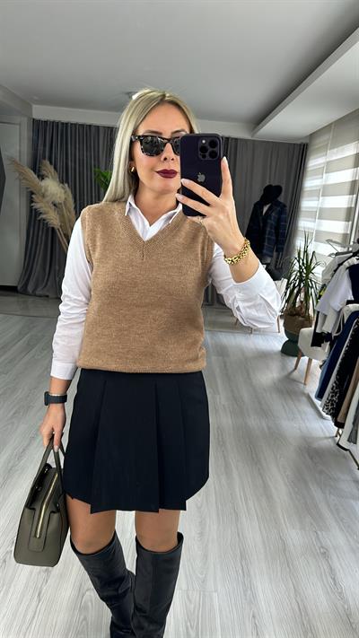 V YAKA CAMEL TRİKO SÜVETER