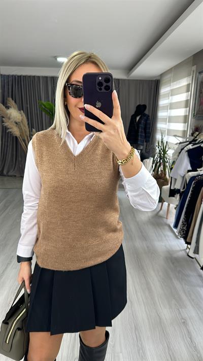 V YAKA CAMEL TRİKO SÜVETER