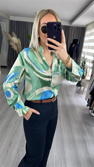 V YAKA DESENLİ GÖMLEK / MAVİ