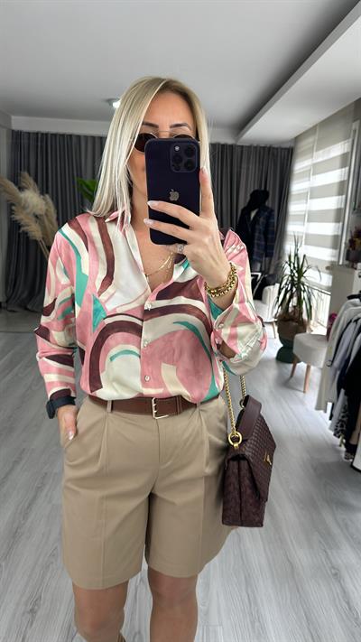 V YAKA DESENLİ GÖMLEK / PEMBE