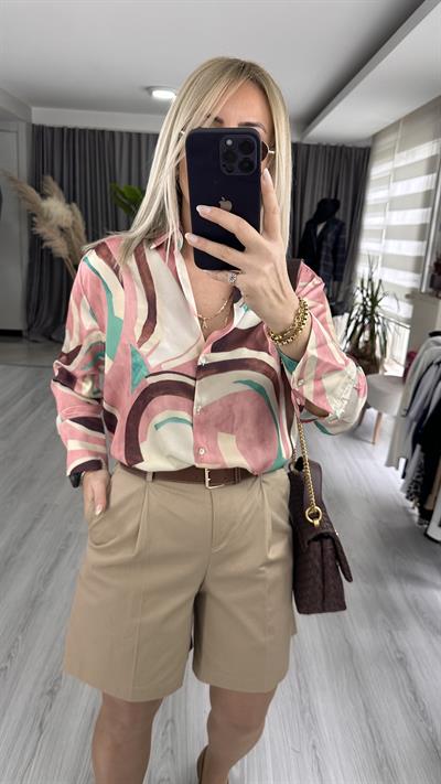 V YAKA DESENLİ GÖMLEK / PEMBE