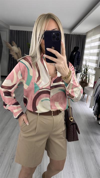 V YAKA DESENLİ GÖMLEK / PEMBE