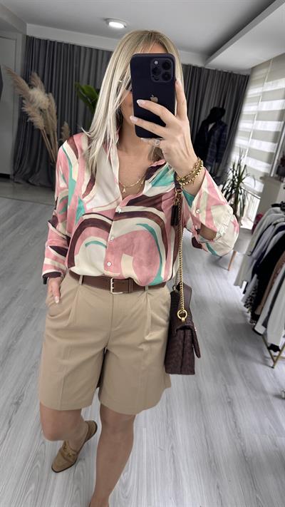 V YAKA DESENLİ GÖMLEK / PEMBE
