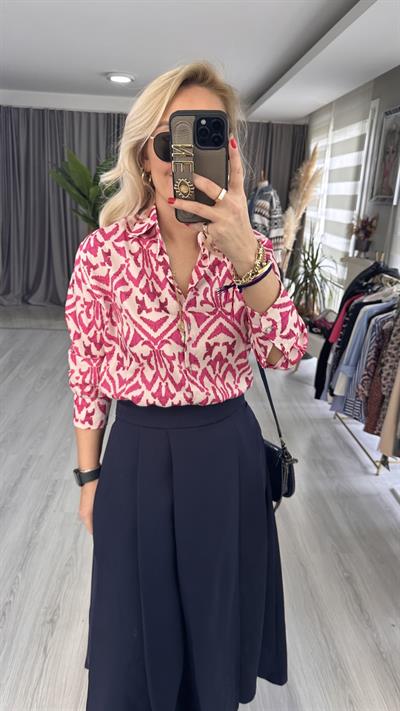 V YAKA DESENLİ SATEN GÖMLEK / FUŞYA