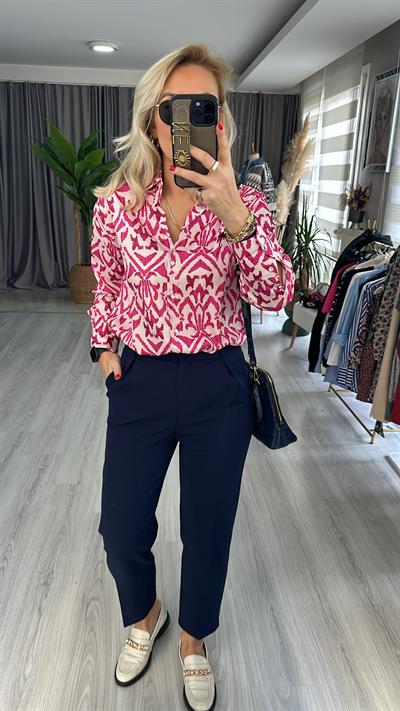 V YAKA DESENLİ SATEN GÖMLEK / FUŞYA