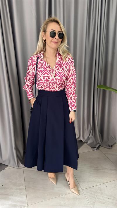 V YAKA DESENLİ SATEN GÖMLEK / FUŞYA