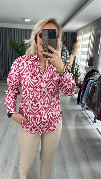 V YAKA DESENLİ SATEN GÖMLEK / FUŞYA
