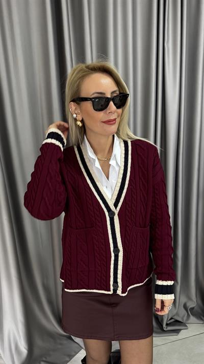 V Yaka Ekru Biyeli Bordo Triko Hırka