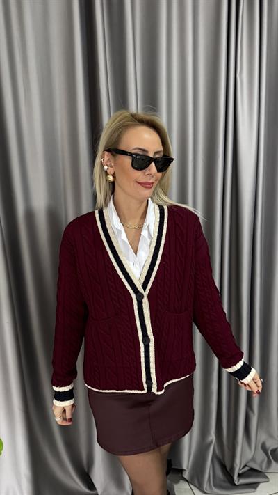 V Yaka Ekru Biyeli Bordo Triko Hırka