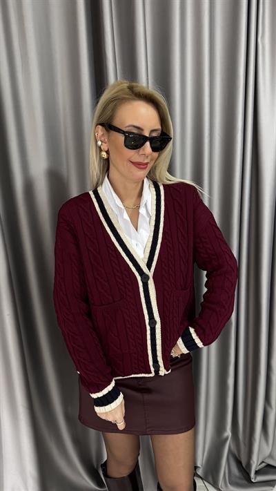 V Yaka Ekru Biyeli Bordo Triko Hırka