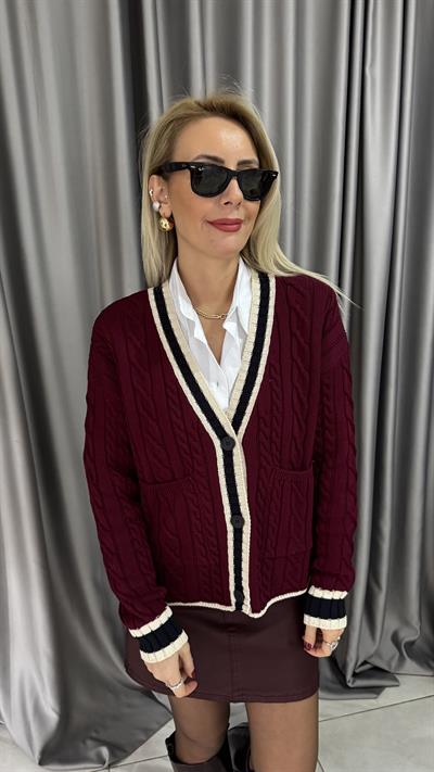 V Yaka Ekru Biyeli Bordo Triko Hırka