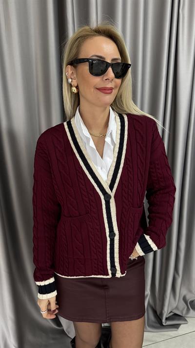 V Yaka Ekru Biyeli Bordo Triko Hırka