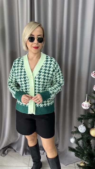V YAKA JAKAR DESEN MİNT, ZÜMRÜT YEŞİLİ HIRKA