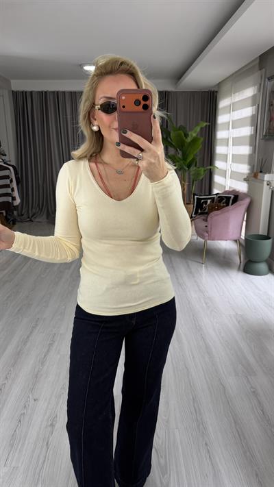 V Yaka Kaşmirli Açık Sarı Ultra Hafif Triko