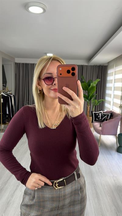 V Yaka Kaşmirli Bordo Ultra Hafif Triko