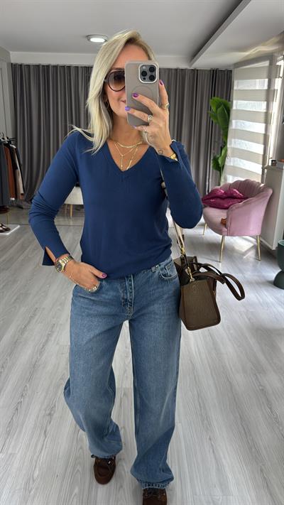 V Yaka Kolu Yırtmaçlı İndigo Dilvin Triko 