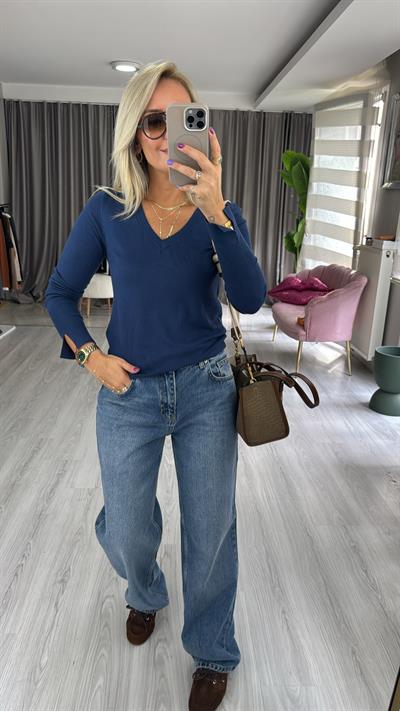 V Yaka Kolu Yırtmaçlı İndigo Dilvin Triko 