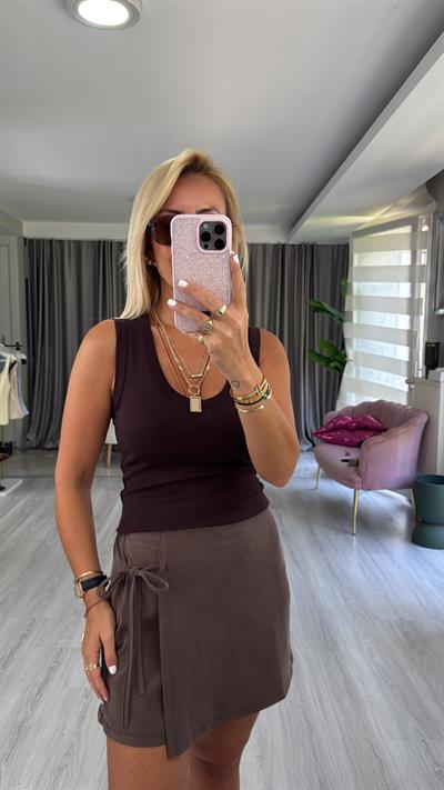 V Yaka Pamuklu Kahverengi Atlet Bluz