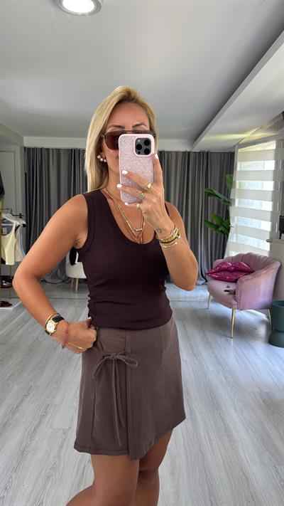 V Yaka Pamuklu Kahverengi Atlet Bluz