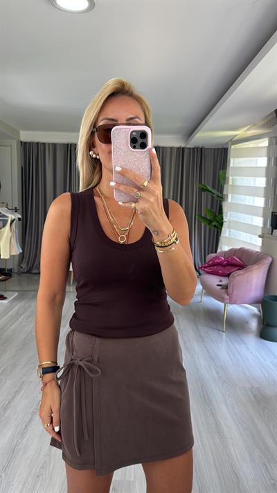 V Yaka Pamuklu Kahverengi Atlet Bluz