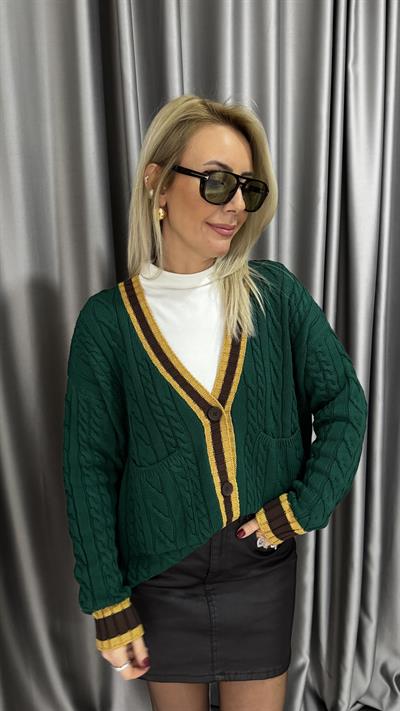 V Yaka Camel Biyeli Yeşil Triko Hırka