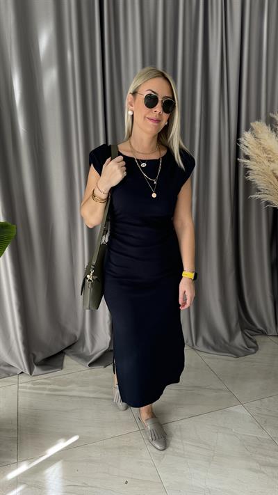 VATKALI DRAPELİ LACİVERT ELBİSE
