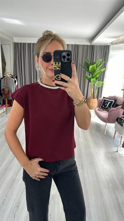 Yakası Taşlı Çelik Örme Bordo Bluz 