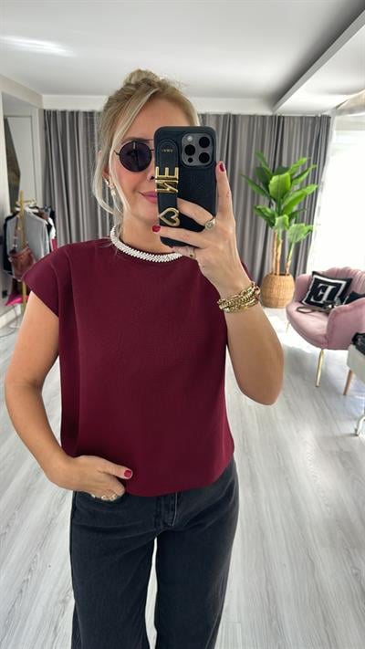 Yakası Taşlı Çelik Örme Bordo Bluz 