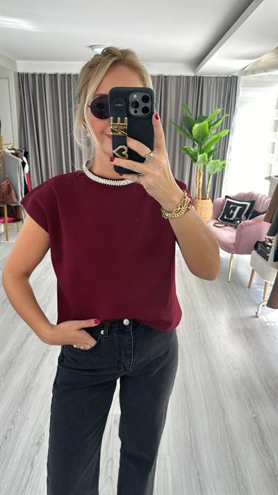 Yakası Taşlı Çelik Örme Bordo Bluz 
