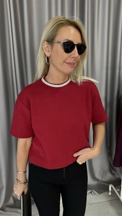 Yakası Taşlı Yarım Kol Çelik Örme Bordo Bluz