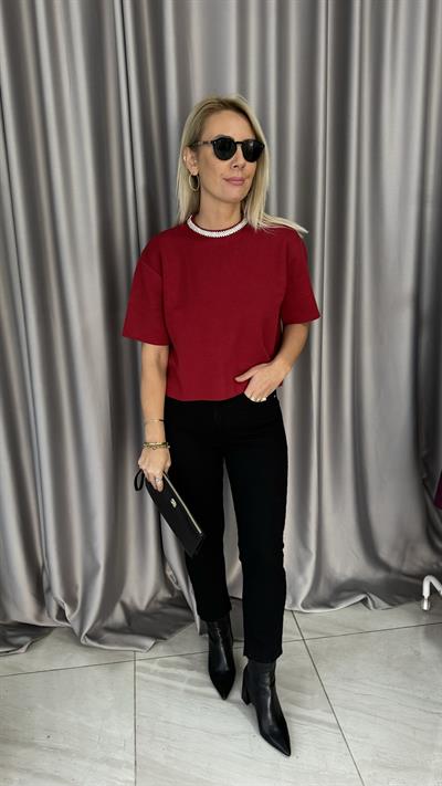 Yakası Taşlı Yarım Kol Çelik Örme Bordo Bluz