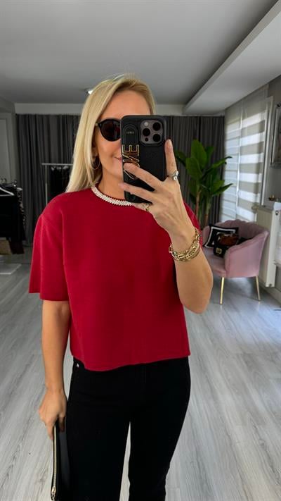 Yakası Taşlı Yarım Kol Çelik Örme Bordo Bluz