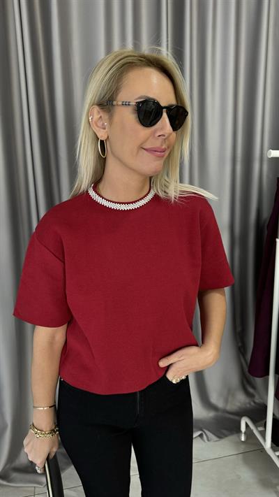 Yakası Taşlı Yarım Kol Çelik Örme Bordo Bluz