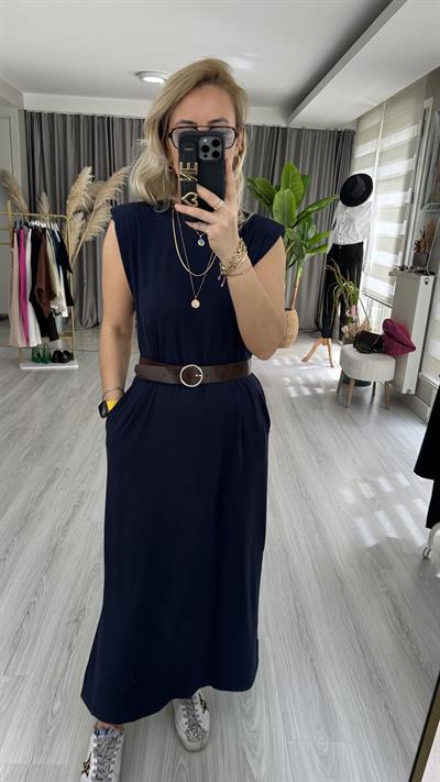 YANDAN YIRTMAÇLI, VATKALI, MODAL LACİVERT ELBİSE