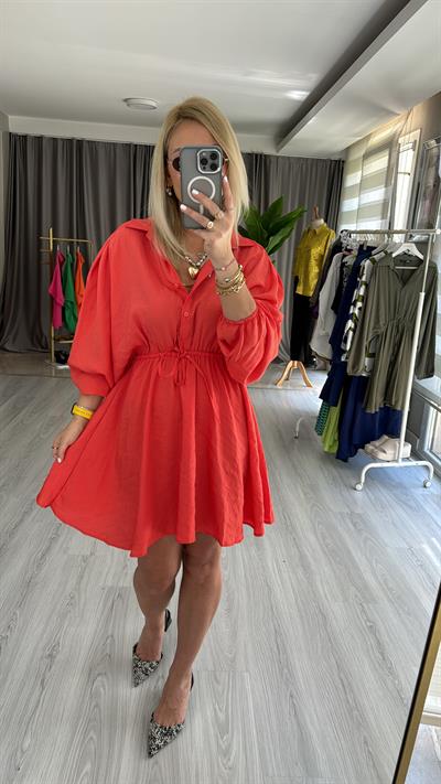 YARASA KOL, BELİ LASTİKLİ TURUNCU GÖMLEK ELBİSE