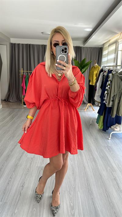 YARASA KOL, BELİ LASTİKLİ TURUNCU GÖMLEK ELBİSE