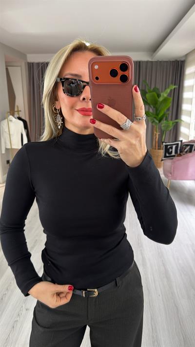 Yarım Balıkçı Yaka Modal Pamuklu Siyah Bluz