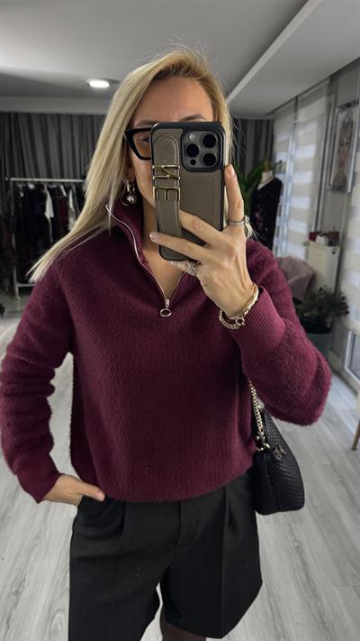 Yarım Fermuarlı Sakallı Yumuşacık Bordo Triko