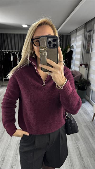 Yarım Fermuarlı Sakallı Yumuşacık Bordo Triko