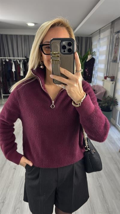 Yarım Fermuarlı Sakallı Yumuşacık Bordo Triko